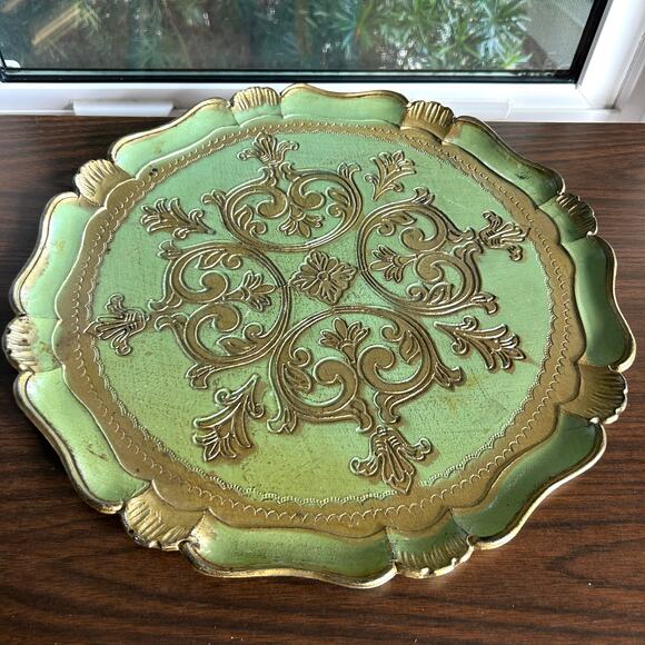 Vintage Italian Florentine Green & Gold Round Tray 15.5” Made in Italy - Picture 3 of 11